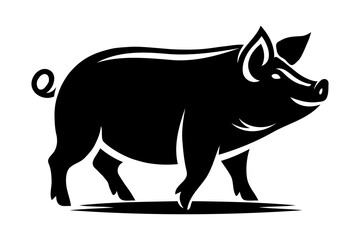 Pig, pork. Vintage logo, retro print, poster for Butchery meat shop, pig silhouette. Logo template for meat business, meat shop. Isolated black silhouette pig on white background. Vector Illustration