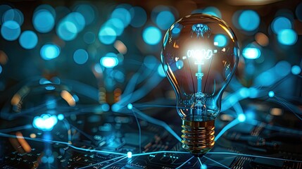 The Spark of Innovation A radiant light bulb illuminates a network of glowing blue connections, symbolizing the power of innovation and connection in our digitally-driven world