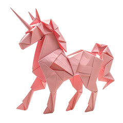 Angled view of a pink origami unicorn isolated on a white transparent background