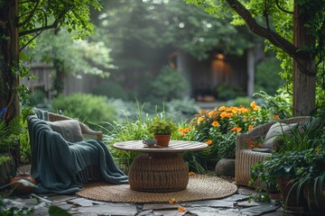 Fototapeta premium Inviting garden scene featuring a wicker chair, a wooden table with a potted plant, surrounded by greenery and flowers