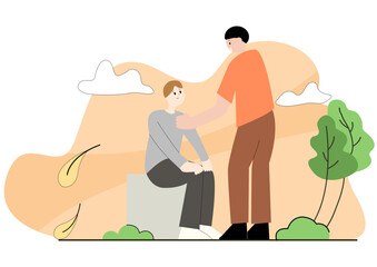 A man encourages his sad friend to feel better vector flat art.