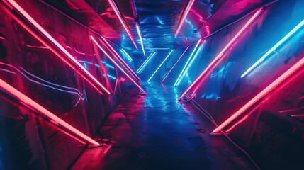 Neon Lit Corridor: Futuristic Space with Vibrant Lights and Abstract Atmosphere