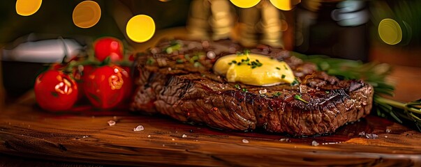 Juicy, grilled steak topped with melting butter, garnished with fresh herbs, served on a wooden board with cherry tomatoes. Perfect for a gourmet meal.