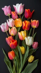 Obraz premium Bouquet of colorful tulips on a dark background. Spring floral arrangement concept