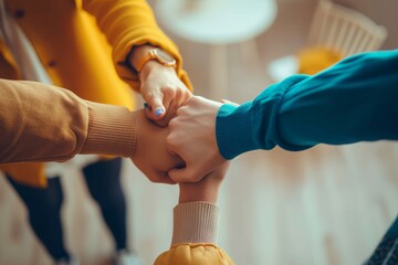 Diverse business team in fist bumps in modern office Multi-ethnic group of people, diverse business team fist bumps in modern office