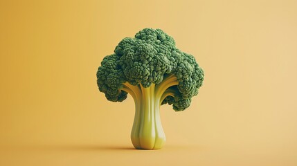 Close-up of fresh green broccoli against a vibrant yellow background. Perfect for healthy eating, nutrition, and vegetarian concepts. 3D Illustration.