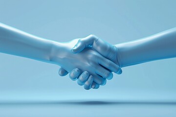 Close-up of two blue-colored hands shaking, symbolizing agreement and partnership in a minimalistic futuristic setting. 3D Illustration.