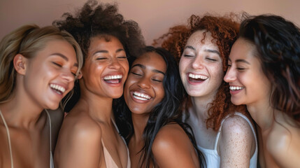Obraz premium Young women with gorgeous skin tones laughing in studio - Multiracial females and diversity concept - Focus on african girl in the middle - Models by AI generative
