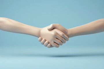 Close-up of two hands shaking, symbolizing agreement and partnership against a blue background, representing cooperation and unity. 3D Illustration.
