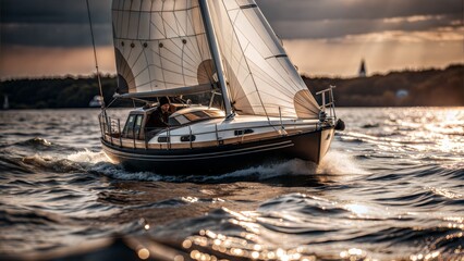 Fototapeta premium sailing yacht in sunset sky. luxury yacht. sailing yacht in the sea, close up, sailing yacht. sailing boat in the water.