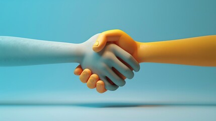 Close-up of two robot hands shaking in agreement against a blue gradient background, symbolizing collaboration between technology and human innovation. 3D Illustration.