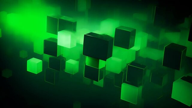 Abstract green background with glowing cubes and parallelepipeds
