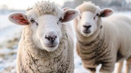 Obraz premium Two sheep facing the camera on a bright winter day