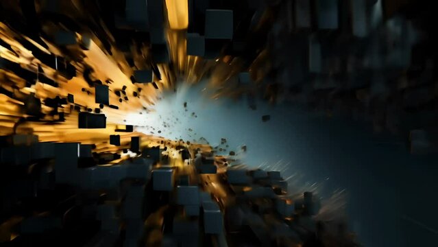 Abstract computer background with squares, cubes and lights, in the style of layered geometry, gray and amber	
