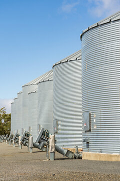 Looking up at a row of corrugated iron grain storage bins