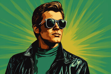 Stylish young man in retro pop art style Handsome features, green jacket, trendy sunglasses.