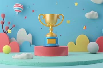 Colorful 3D illustration of a golden trophy on a podium with playful, whimsical background elements like clouds, stars, and balloons. 3D Illustration.