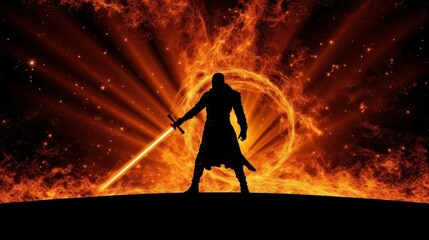 A celestial warrior brandishes a gleaming rapier amidst a dark fantasy landscape with radiant golden elements.