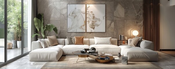 Modern living room with a blank side table