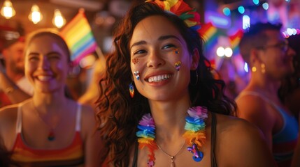 Woman celebrating pride with rainbow accessories.