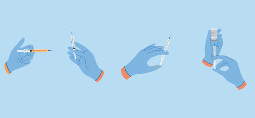 Set of illustrations with hands in rubber gloves hold syringes with liquid for injection
