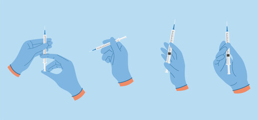 Set of doctor hands holding syringe to inject medicine. Doctor hands making an injection. Vaccination concept