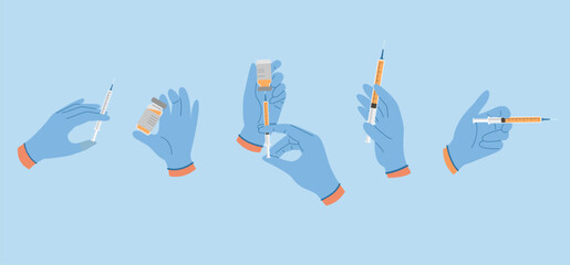 Set of illustrations with doctor hands in gloves with syringe with vaccine liquid. Vaccination concept