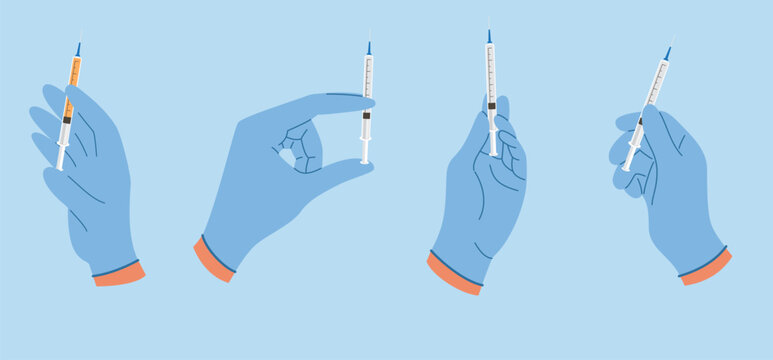 Doctor hands in rubber glove holding syringe with liquid for injection. Set of illustrations