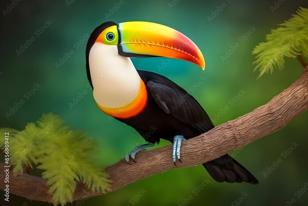 Wall mural close-up shot of vibrant toucan perched on tropical rainforest branch