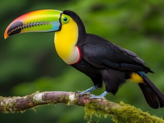 Colorful Toucan Perched on Mossy Branch in Tropical Rainforest Habitat