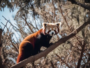 Fototapeta premium Curious Red Panda Perched on Tree Branch with Fluffy Fur and Adorable Expression Captured Using