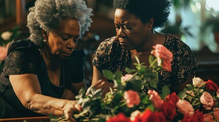 Two women arrange flowers for a funeral service