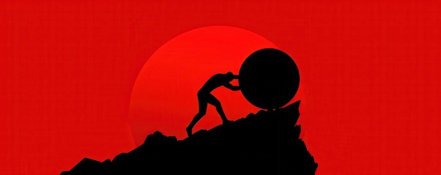Silhouette of a figure pushing a large boulder uphill against a red sunset, symbolizing struggle and perseverance.