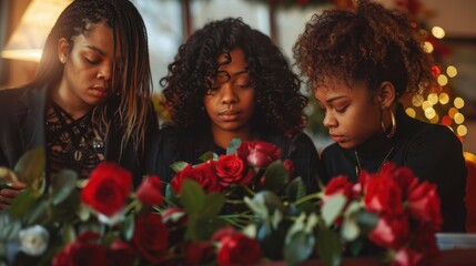 Three women stand together with red roses