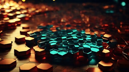 Obraz premium Colorful hexagonal geometric honeycomb pattern 3D background. Futuristic glowing amber hexagonal or honeycomb backdrop.