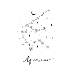 Aquarius constellation with Hand drawn doodle flowers, leaves, florals and stars. Vector art, graphic illustration clipart © Vector Queen