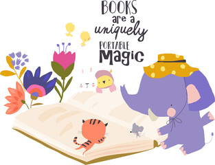 Cute Cartoon Animals reading Big Book Together. Vector Illustration