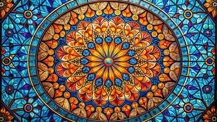 Colorful stained glass window with orange and blue mandala abstract background, mandala, stained glass, colorful, abstract