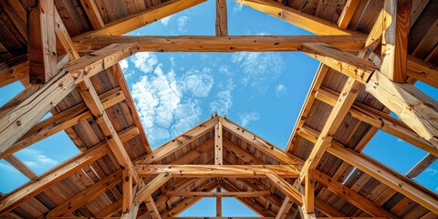 Obraz premium Sunny Skies Through Wooden Roof Framework Structure