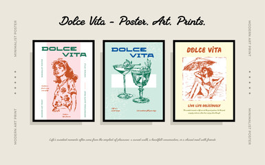 A template for abstract posters depicting Girls and delicious food. Modern style hand-drawn sketch. Wall paintings.-5.eps