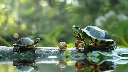 Obraz premium Frog with Turtle and Snail. 