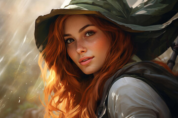 A stunning portrait of a redhaired fantasy woman adventurer with a beautiful face and hat.