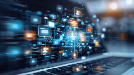 Fototapeta premium Digital tech global business network, data analysis, social media marketing, software development, teamwork.
