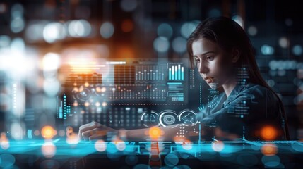 Digital tech global business network, data analysis, social media marketing, software development, teamwork.