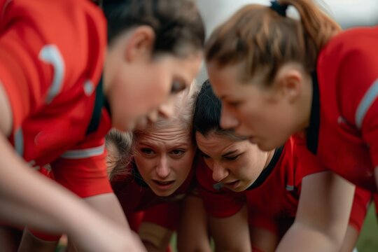 Group of women, female rugby players in a scrum on rugby field together outdoors
