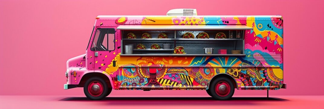 food truck offering authentic Mexican street food , adorned with colorful patterns, and taco imagery. isolated on a pink background. 
