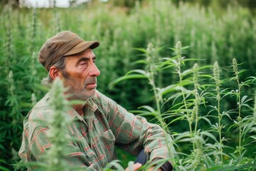 Farmer checking organic cannabis sativa plants One senior farmer examining growth process in the hemp field