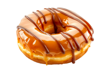 Closeup view of a caramel glazed donut with chocolate drizzle, isolated on white transparent background
