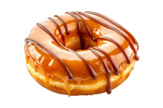 Closeup view of a caramel glazed donut with chocolate drizzle, isolated on white transparent background