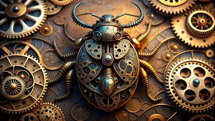 Clockwork beetle with intricate steam punk design made of gears and cogs, clockwork, bug, beetle, insect, mechanical, steam punk